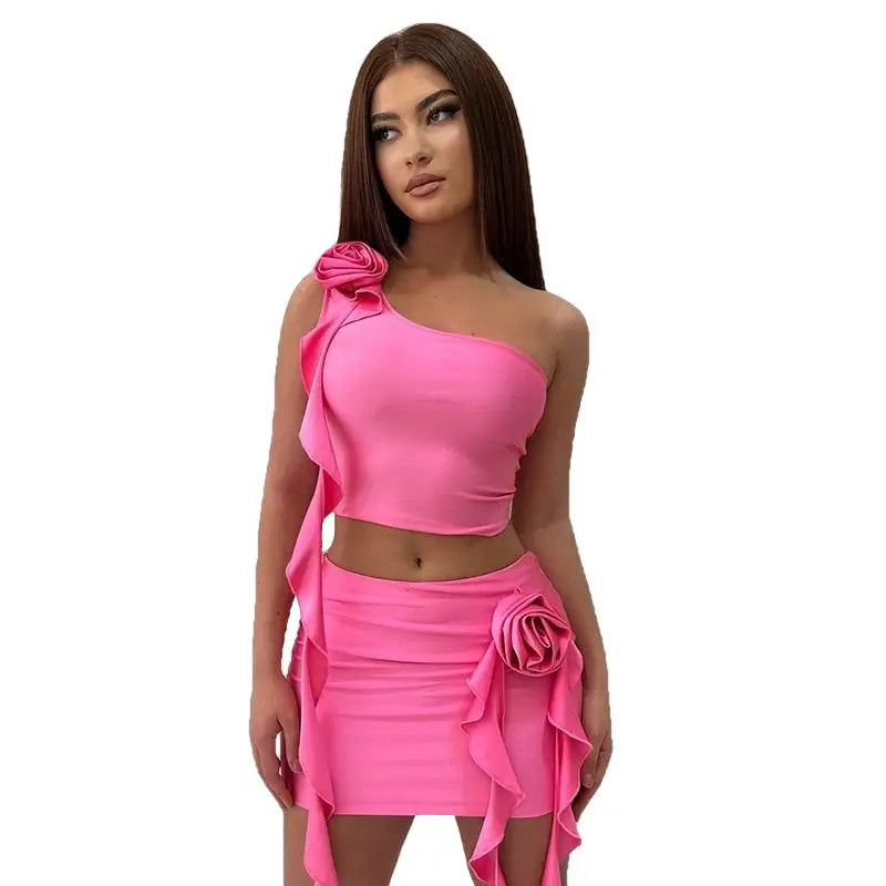 Ruffle Two Piece Shoulder Crop Top and Mini Skirt