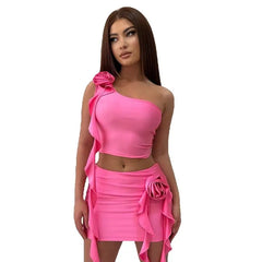 Ruffle Two Piece Shoulder Crop Top and Mini Skirt - Outfit