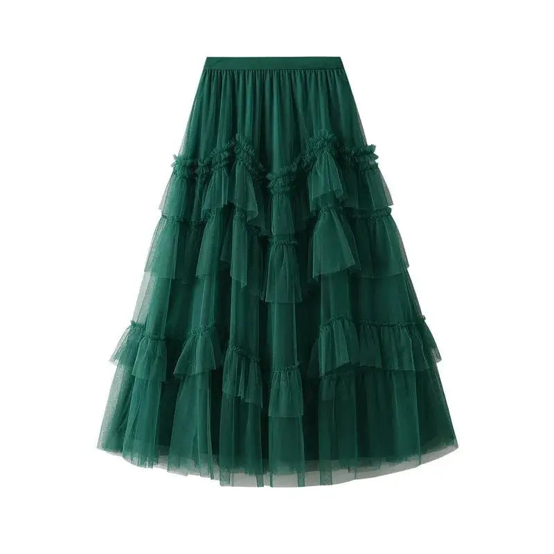 Ruffles Multilayer Mesh Long Skirts - Dark Green / One Size
