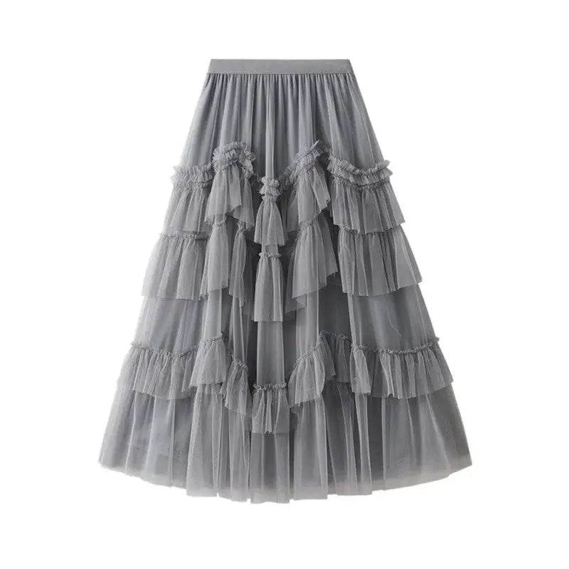 Ruffles Multilayer Mesh Long Skirts - Gray / One Size
