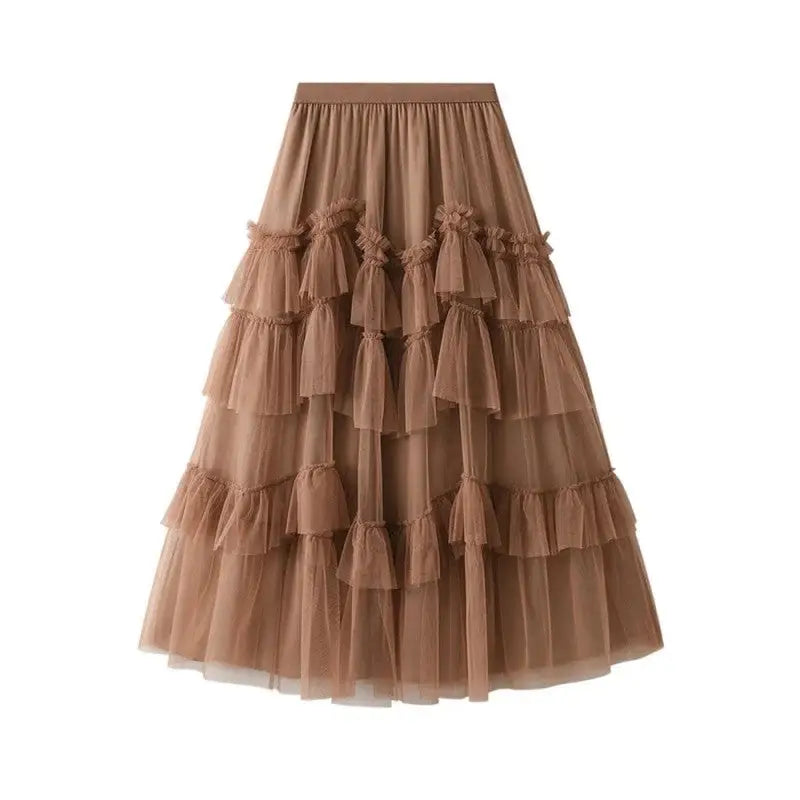 Ruffles Multilayer Mesh Long Skirts - Khaki / One Size
