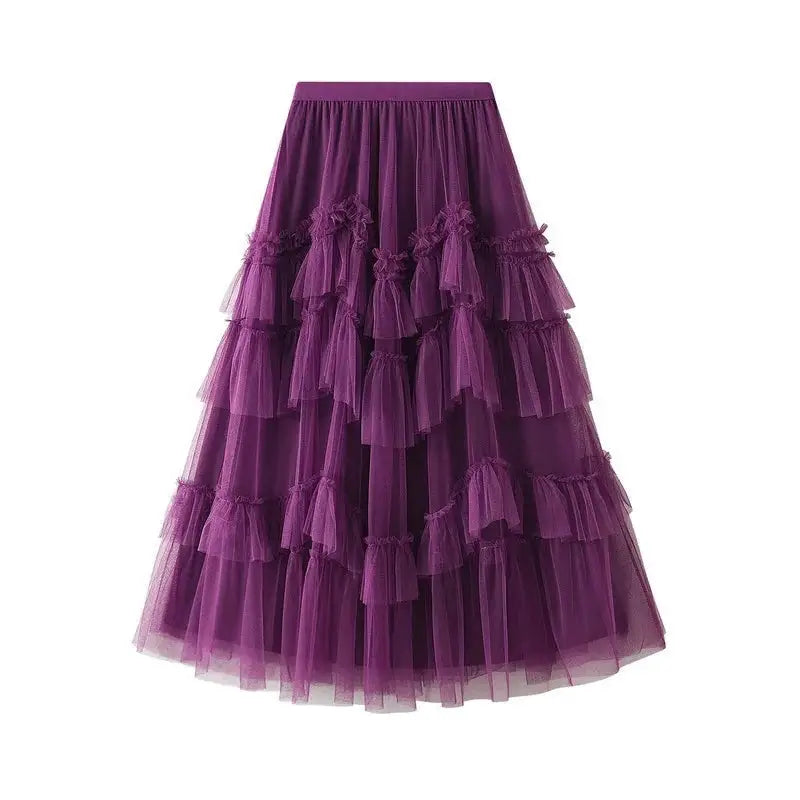 Ruffles Multilayer Mesh Long Skirts - Purple / One Size