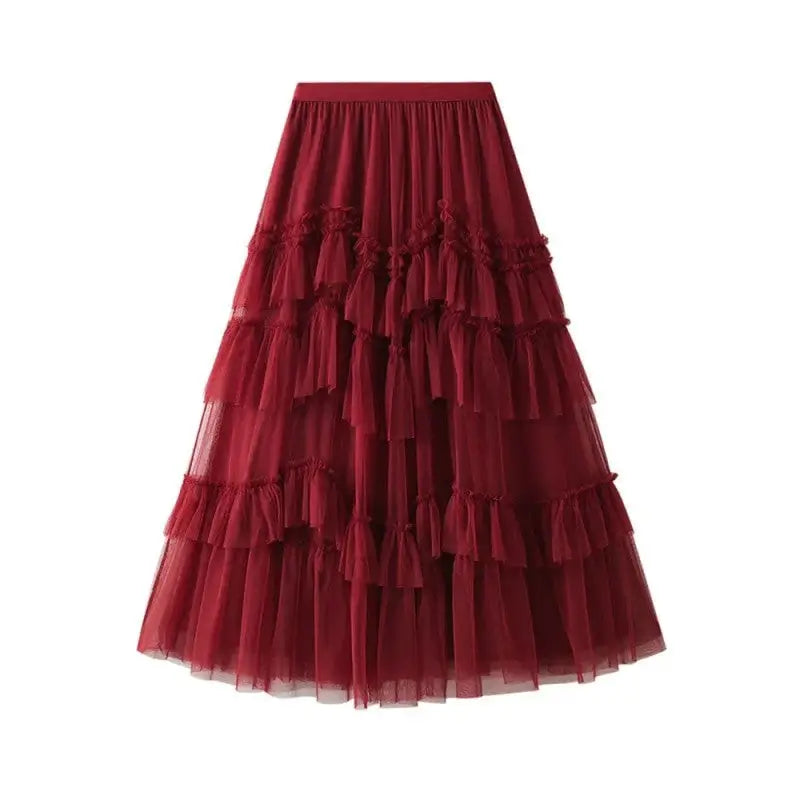 Ruffles Multilayer Mesh Long Skirts - Wine Red / One Size