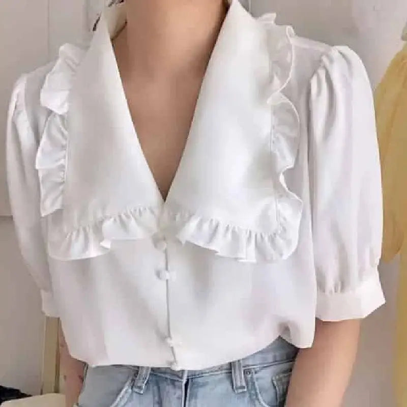 Ruffles Peter Pan Collar Short Sleeve Button Up Shirt