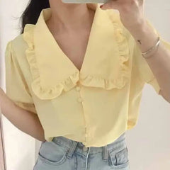 Ruffles Peter Pan Collar Short Sleeve Button Up Shirt