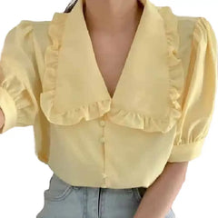 Ruffles Peter Pan Collar Short Sleeve Button Up Shirt