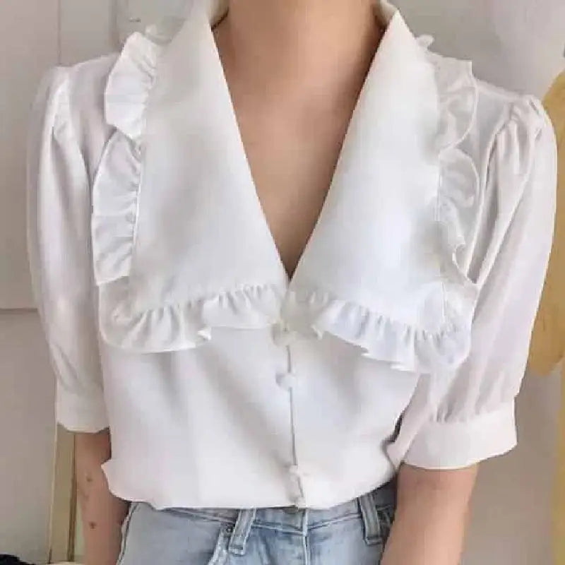 Ruffles Peter Pan Collar Short Sleeve Button Up Shirt