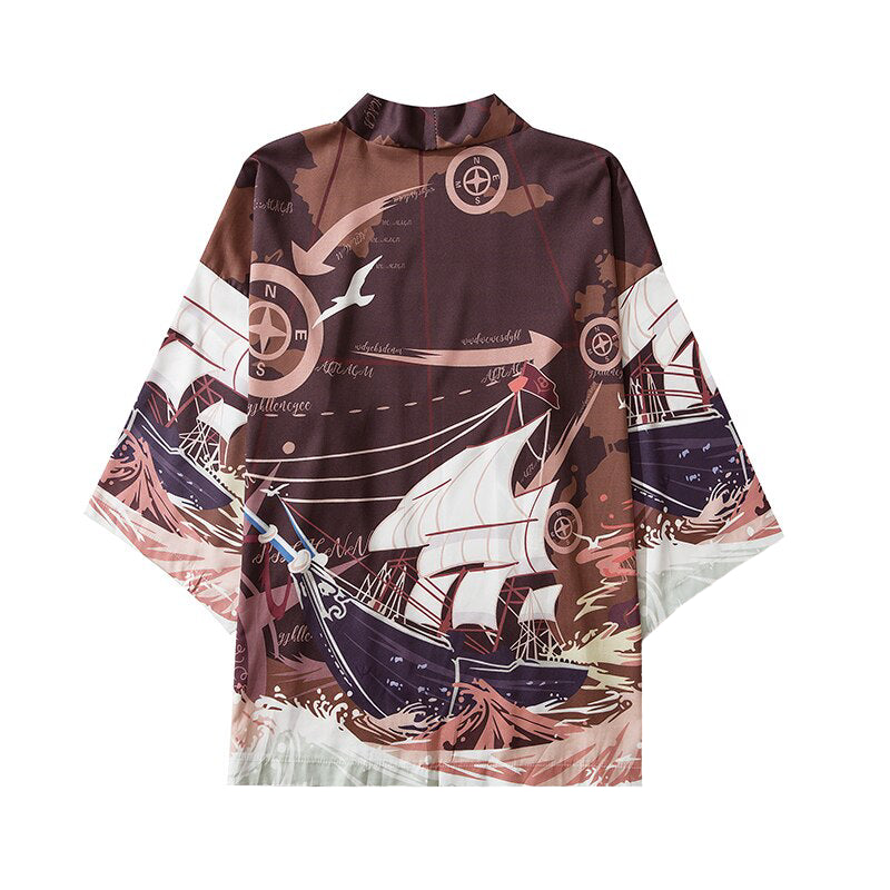 Sailboat Japanese Style 3/4 Sleeve Kimono - Brown / S -