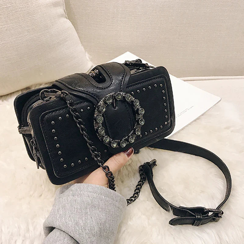 Satchel Buckle up Crossbody Shoulder Square Bag Black