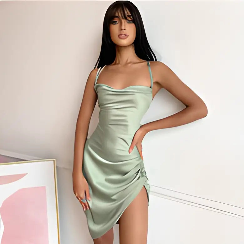 Satin Criss Cross Backless Mini Dress Green / S