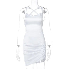 Satin Criss Cross Backless Mini Dress White / S