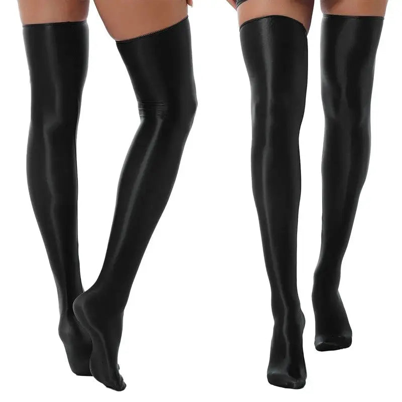 Satin Shiny Elastic Up Knee Socks - Black / One Size