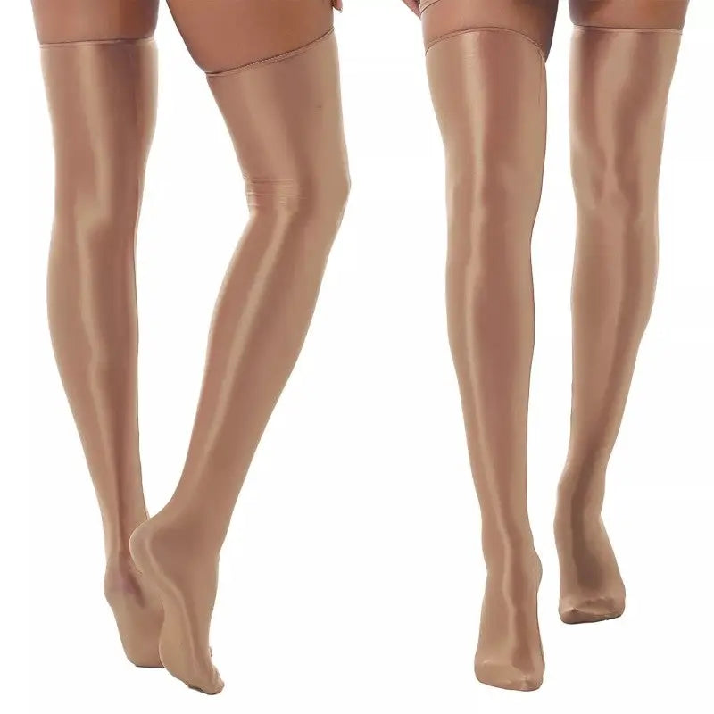 Satin Shiny Elastic Up Knee Socks - Brown / One Size