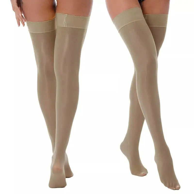 Satin Shiny Elastic Up Knee Socks - Brown. / One Size