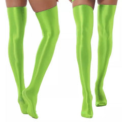 Satin Shiny Elastic Up Knee Socks - Green / One Size