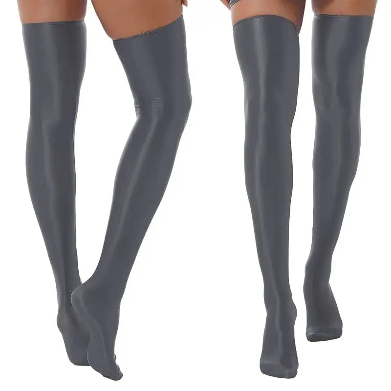 Satin Shiny Elastic Up Knee Socks - Grey / One Size