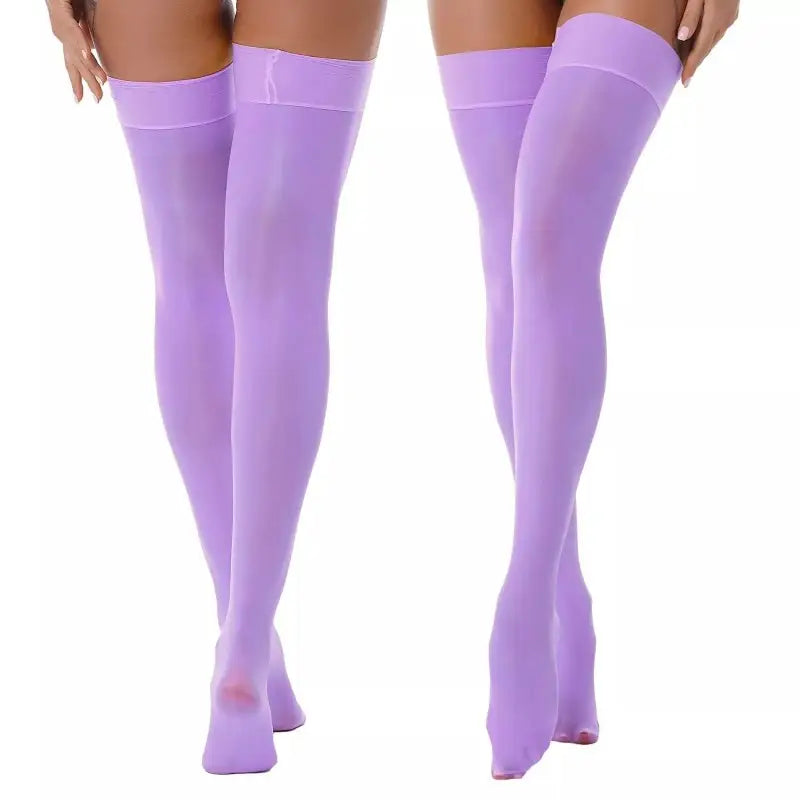 Satin Shiny Elastic Up Knee Socks - Lavender. / One Size
