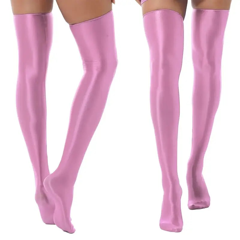 Satin Shiny Elastic Up Knee Socks - Pink / One Size