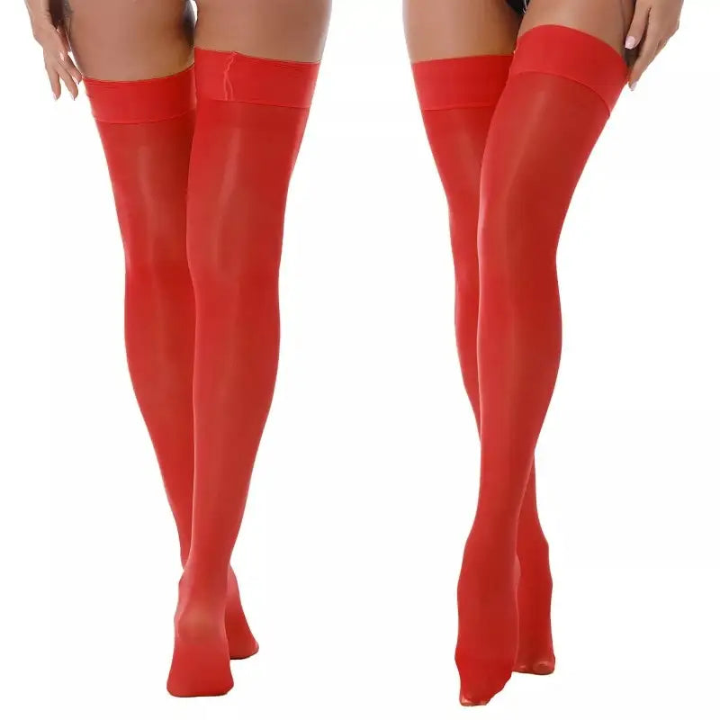 Satin Shiny Elastic Up Knee Socks - Red. / One Size