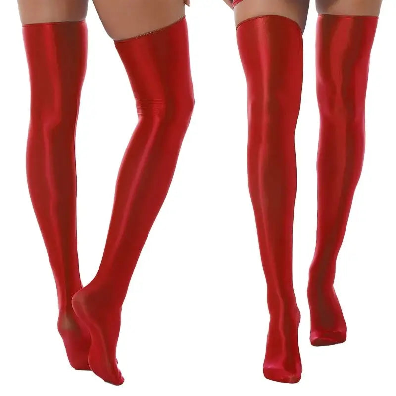 Satin Shiny Elastic Up Knee Socks - Red / One Size
