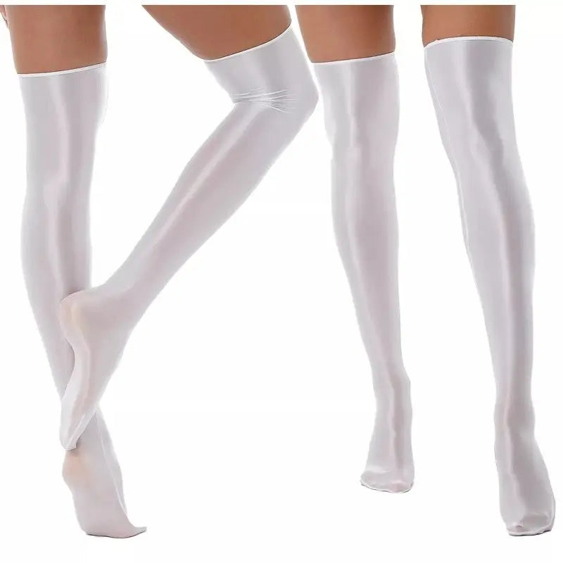 Satin Shiny Elastic Up Knee Socks - White / One Size
