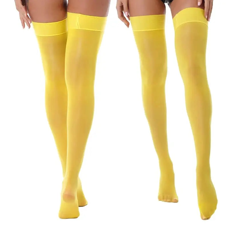Satin Shiny Elastic Up Knee Socks - Yellow. / One Size