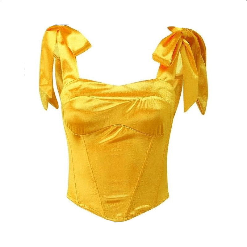 Satin Solid Color Adjustable Shoulder Straps Corset - Yellow