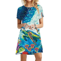 Sea Short Sleeve Loose Dress Ocean World Style Blue - Dark