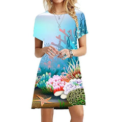 Sea Short Sleeve Loose Dress Ocean World Style Blue - Ligth