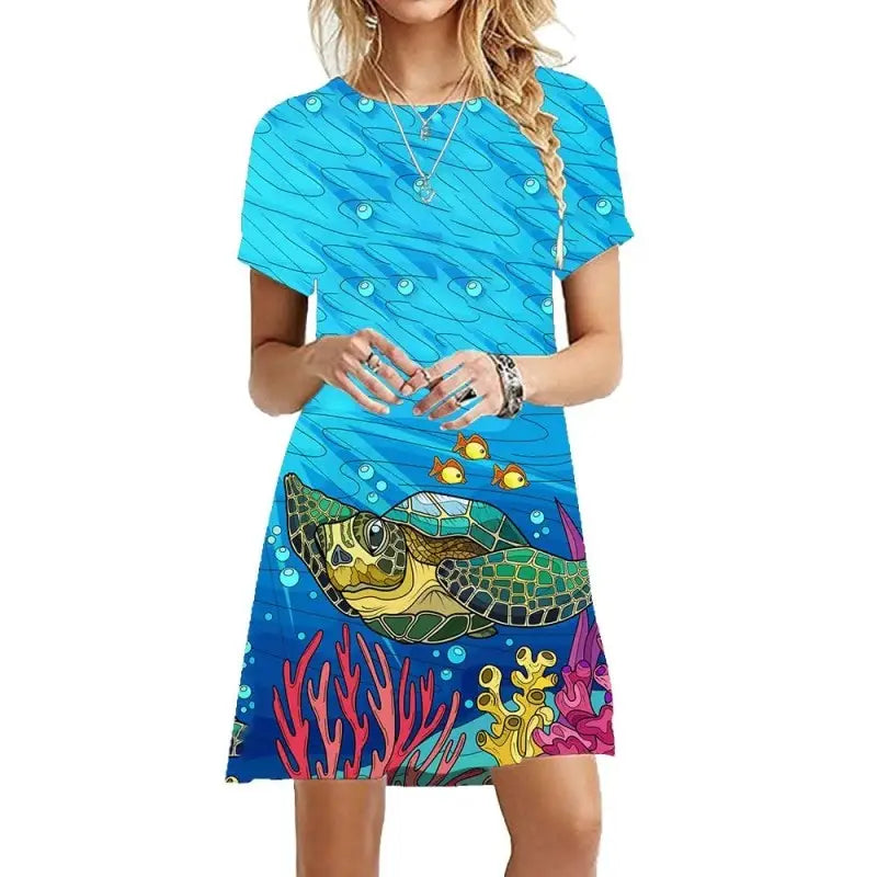 Sea Short Sleeve Loose Dress Ocean World Style Blue - Red
