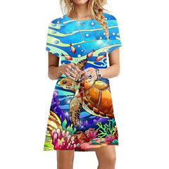 Sea Short Sleeve Loose Dress Ocean World Style Blue / S