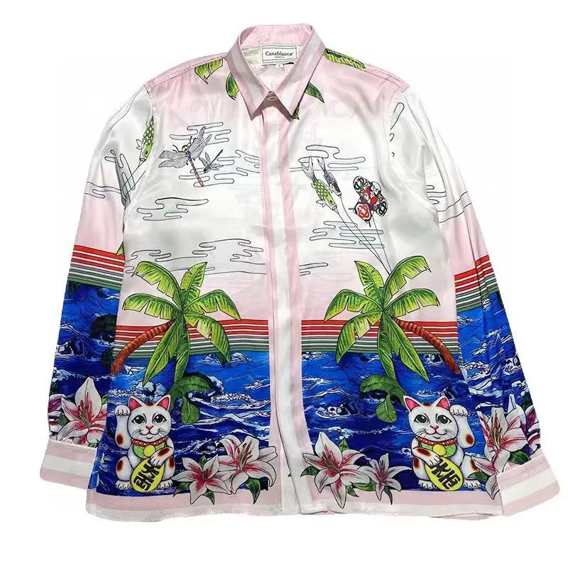 Seascape Print Silk Long Sleeve Shirt