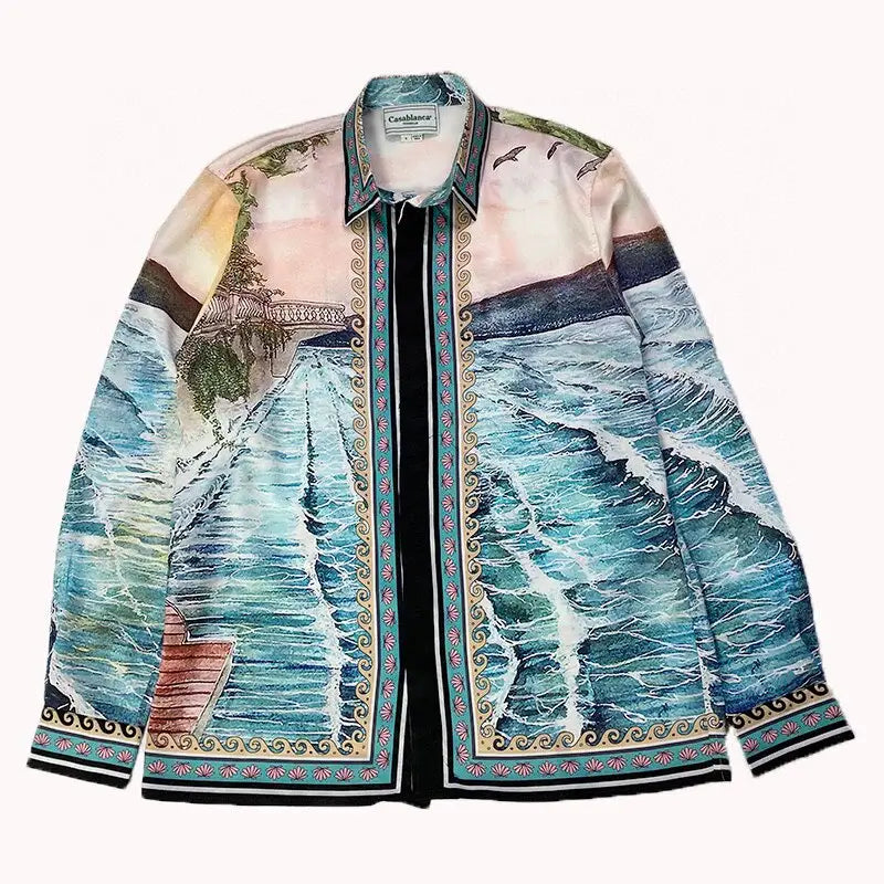 Seascape Print Silk Long Sleeve Shirt