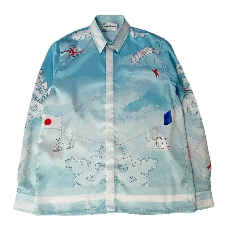 Seascape Print Silk Long Sleeve Shirt