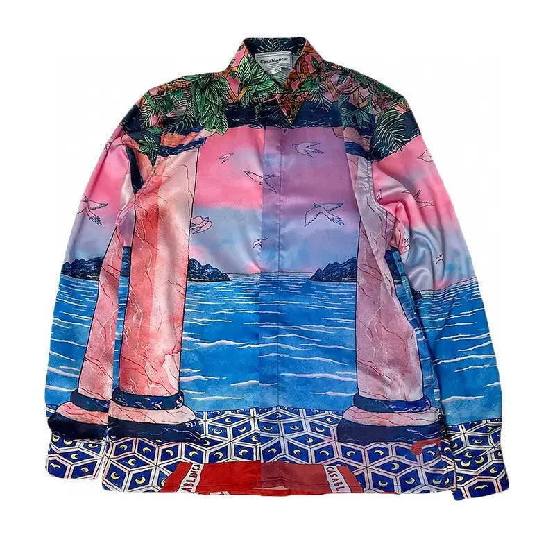 Seascape Print Silk Long Sleeve Shirt