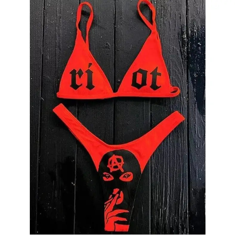 See You In Hell Padded Deep V Neck Bikini - red / S
