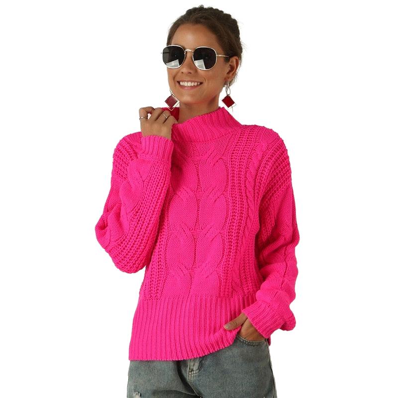 Turtleneck Solid Color Ribbed Knitted Sweater