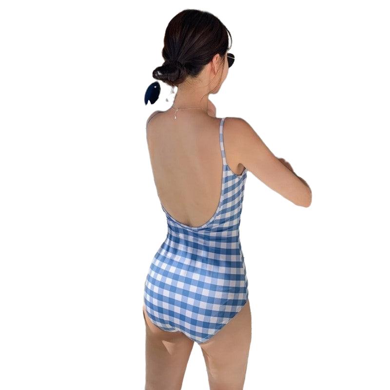 Blue and White Squares Low Cut One-Piece Swimsuits