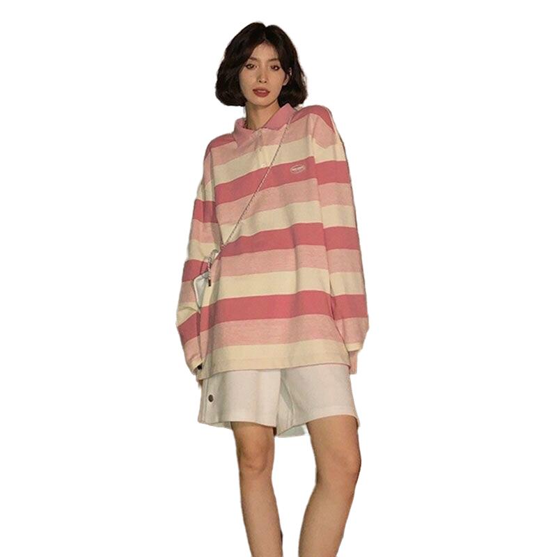 Oversize Polo Neck Striped Sweatshirt - Pink / S -