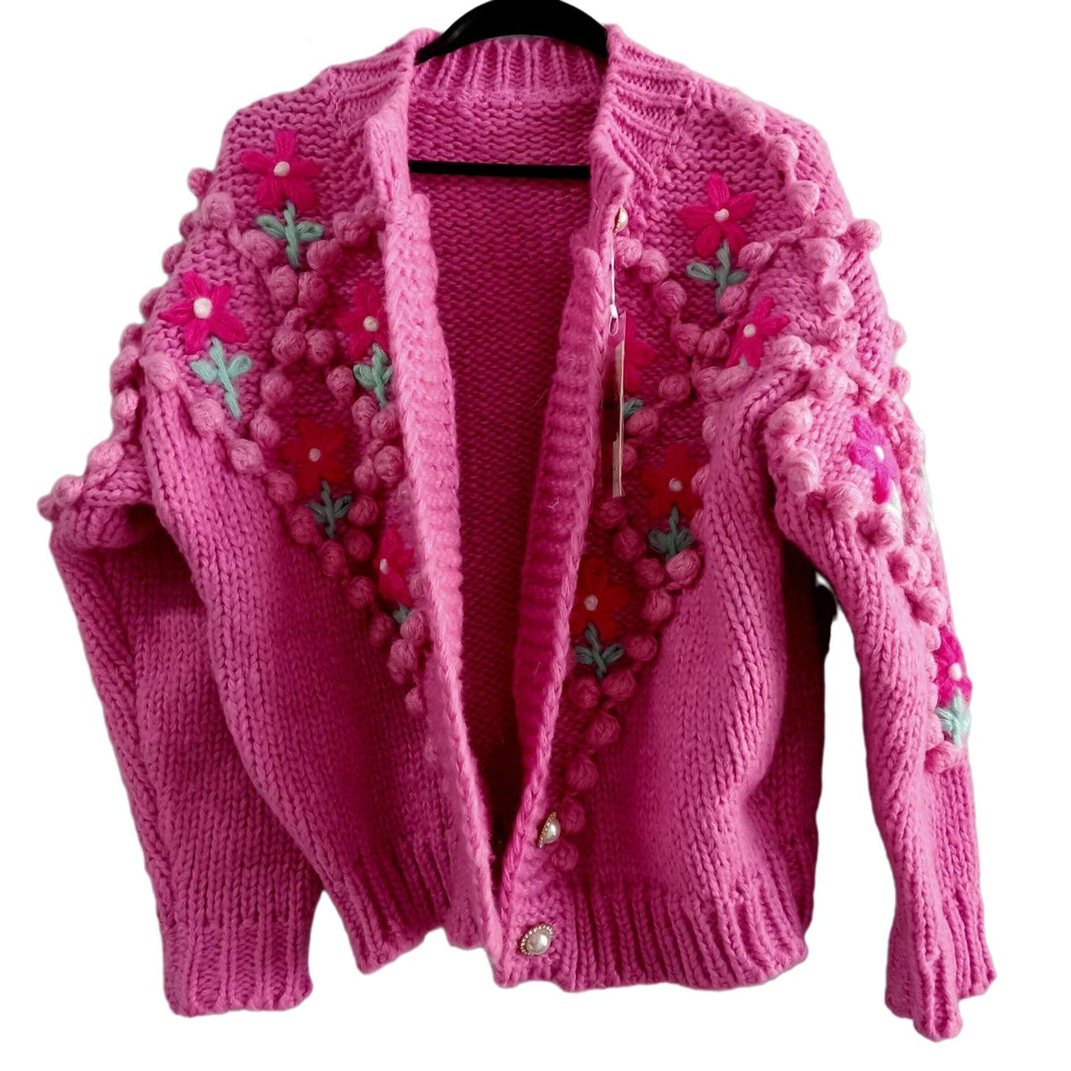 Cute Flower O Neck Knit Cardigan - Pink / M