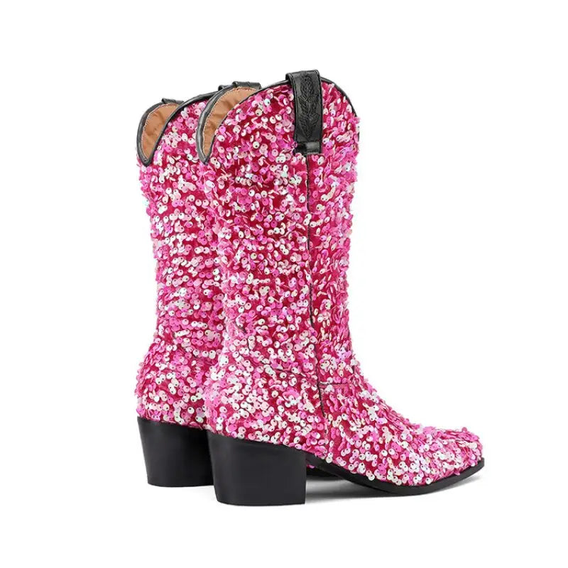 Sequin Cowboy Mid Calf Western Boots