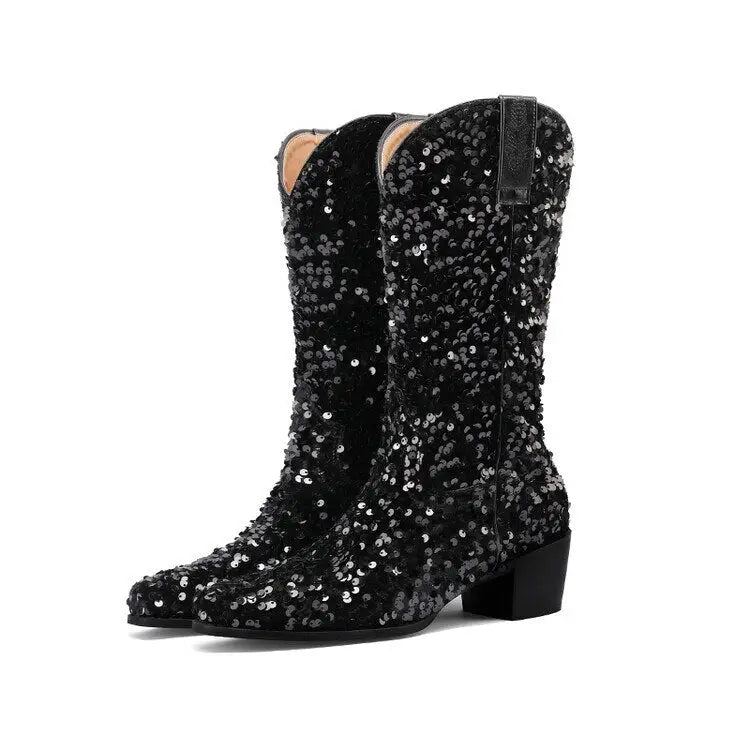 Sequin Cowboy Mid Calf Western Boots