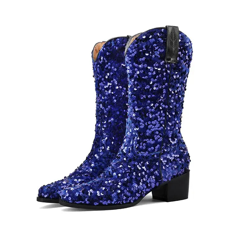 Sequin Cowboy Mid Calf Western Boots