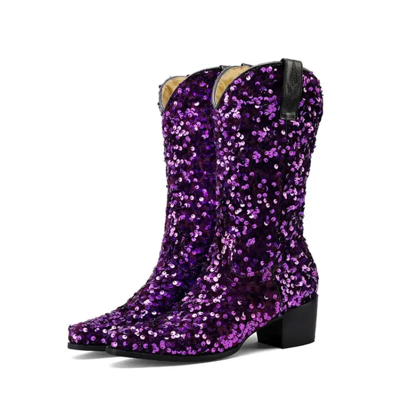 Sequin Cowboy Mid Calf Western Boots