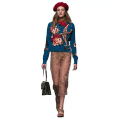 Sequin Embroidered Round Neck Sweater with Bird Flower