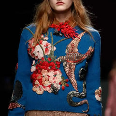 Sequin Embroidered Round Neck Sweater with Bird Flower