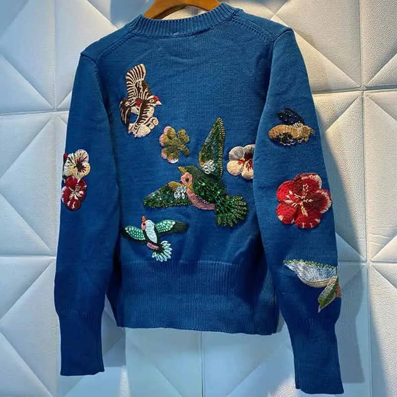 Sequin Embroidered Round Neck Sweater with Bird Flower