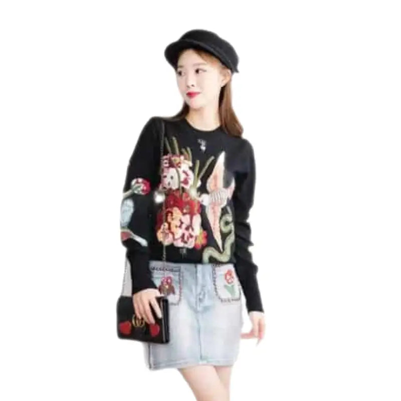 Sequin Embroidered Round Neck Sweater with Bird Flower