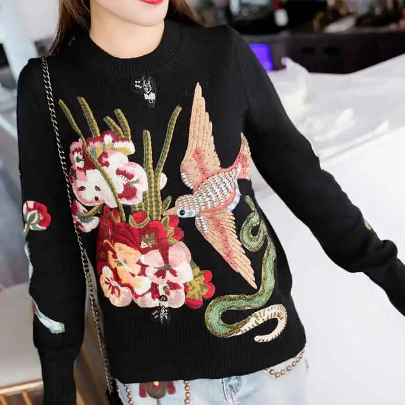 Sequin Embroidered Round Neck Sweater with Bird Flower