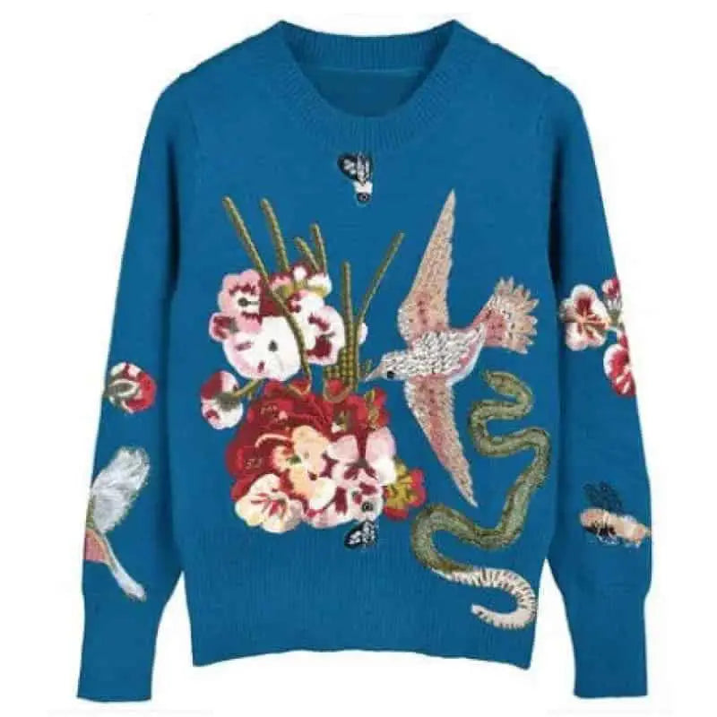 Sequin Embroidered Round Neck Sweater with Bird Flower